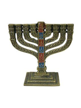 Miniature Brass Menorah Red Enamel Israel Small Vintage Hanukkah 9 Branch